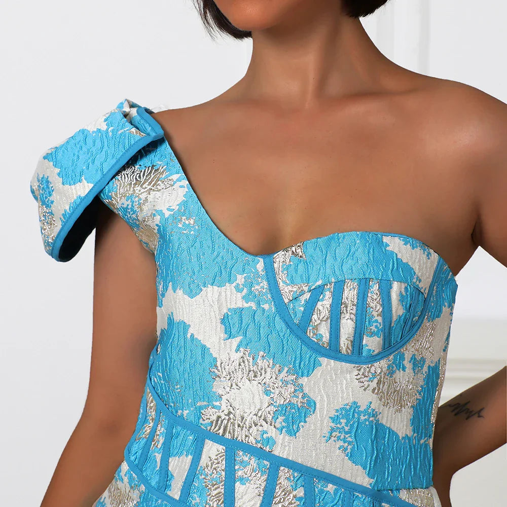 Kvinnors Miniklänning En Axel Brokad Polyester-6