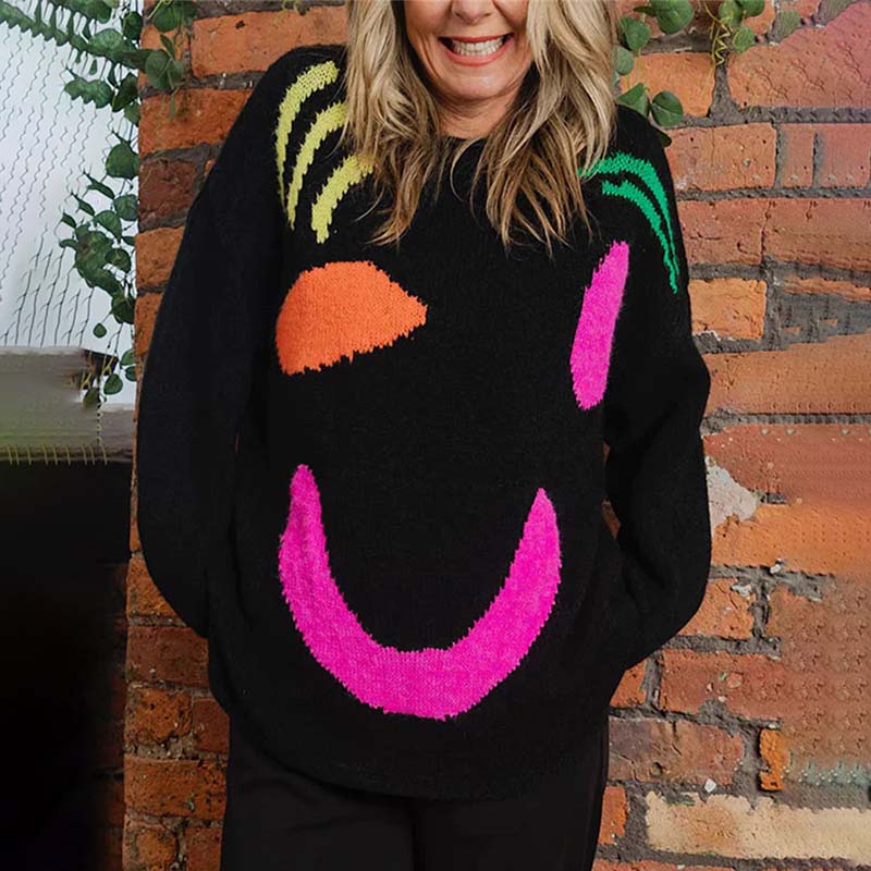 Variant image for Dam Stickad Tröja Med Smiley Motiv Blandad Bomull Akryl-21