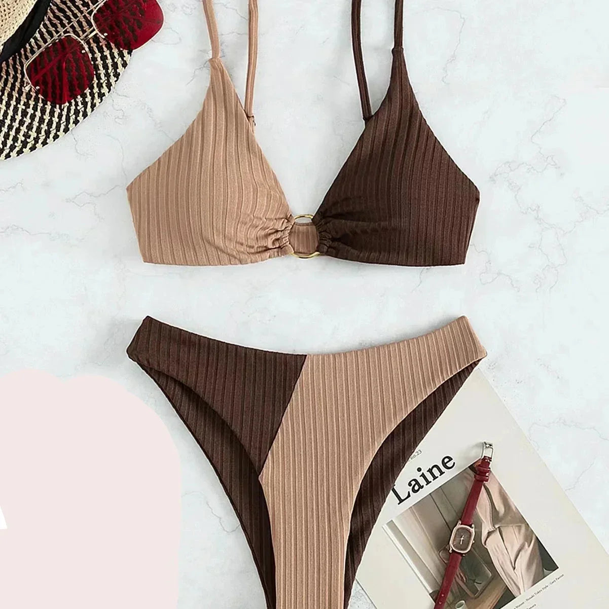 Kvinnors Bikini Set Hög Midja Terylen Trendig Design-2