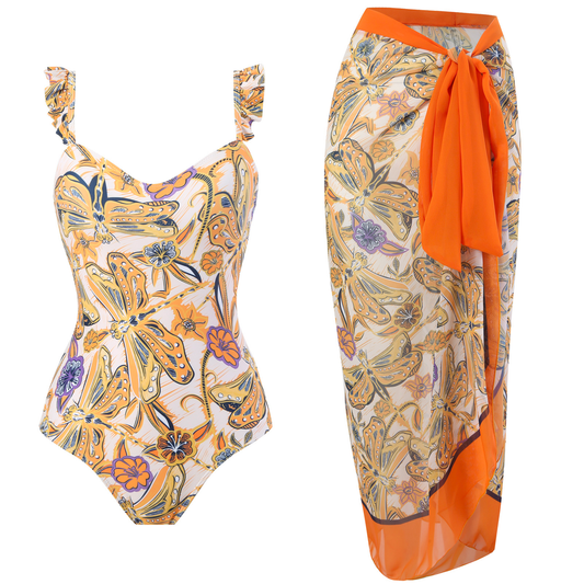 Damens Badkläder Set Rüschenabräger och Wickelrock Polyester med Sländmönster-1