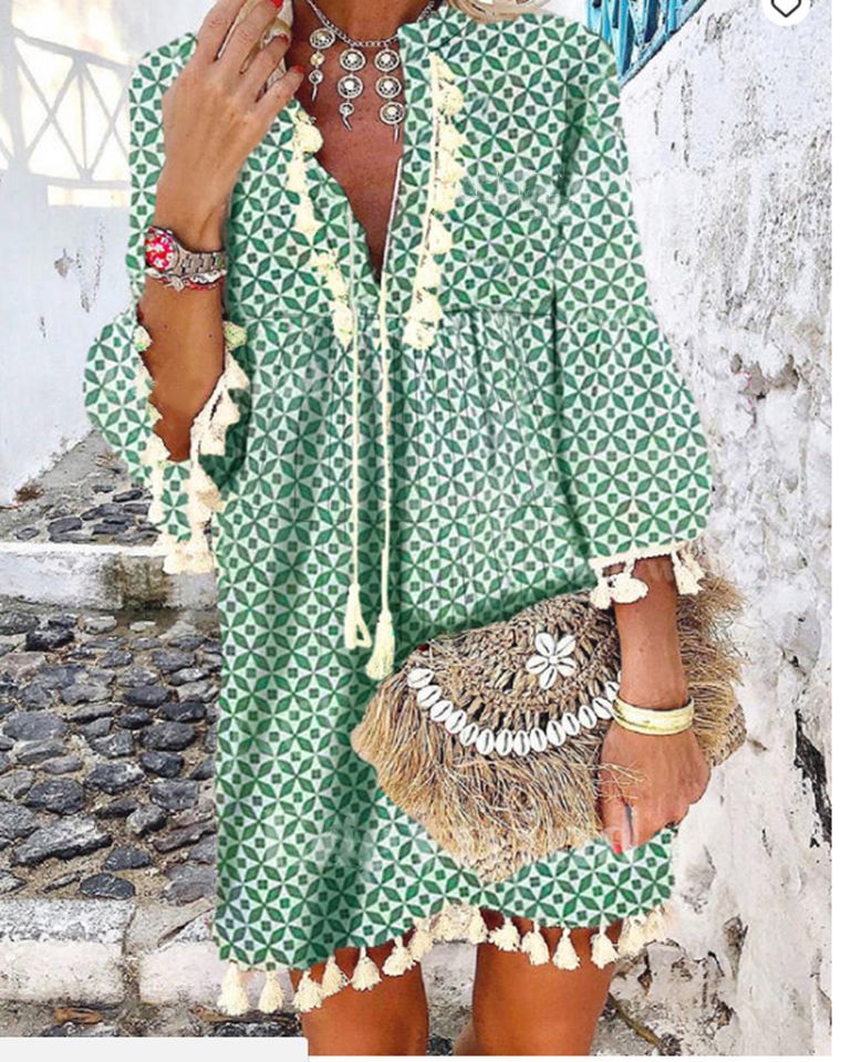 Dam Klänning V-ringad Blommönster A-linjeformad Polyester med Fransar-5