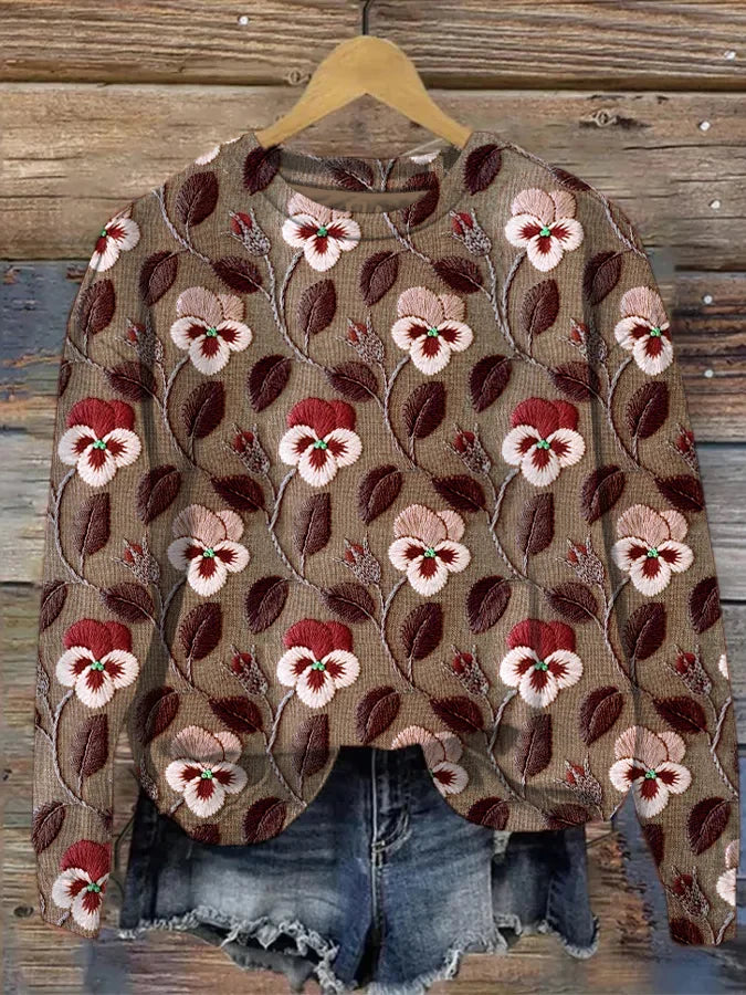 Dam Hoodie Grafiska Blommor Broderi Mjuk Tygblandning-3