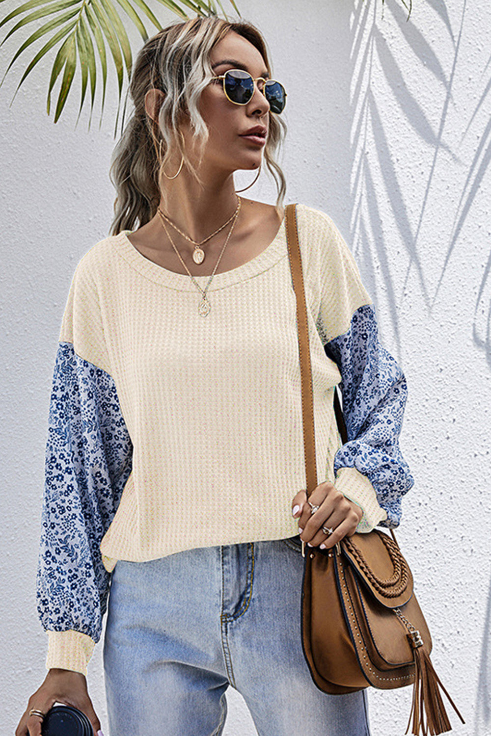 Dam Långärmad Topp Avslappnad Polyester Blommig Patchwork 6