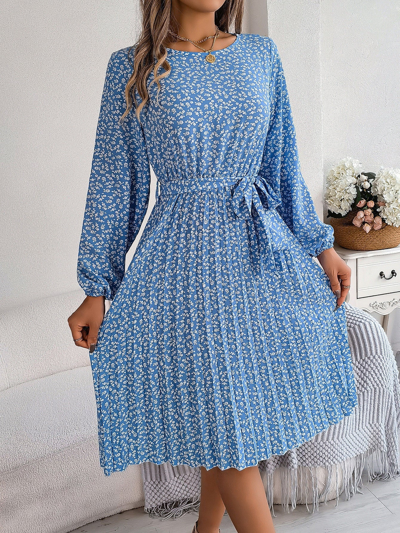 Rynkad Kjol för Kvinna med Blommigt Tryck – Hög Midja, 100% Polyester, Bekväm Passform, Perfekt för Vardag och Fest 8