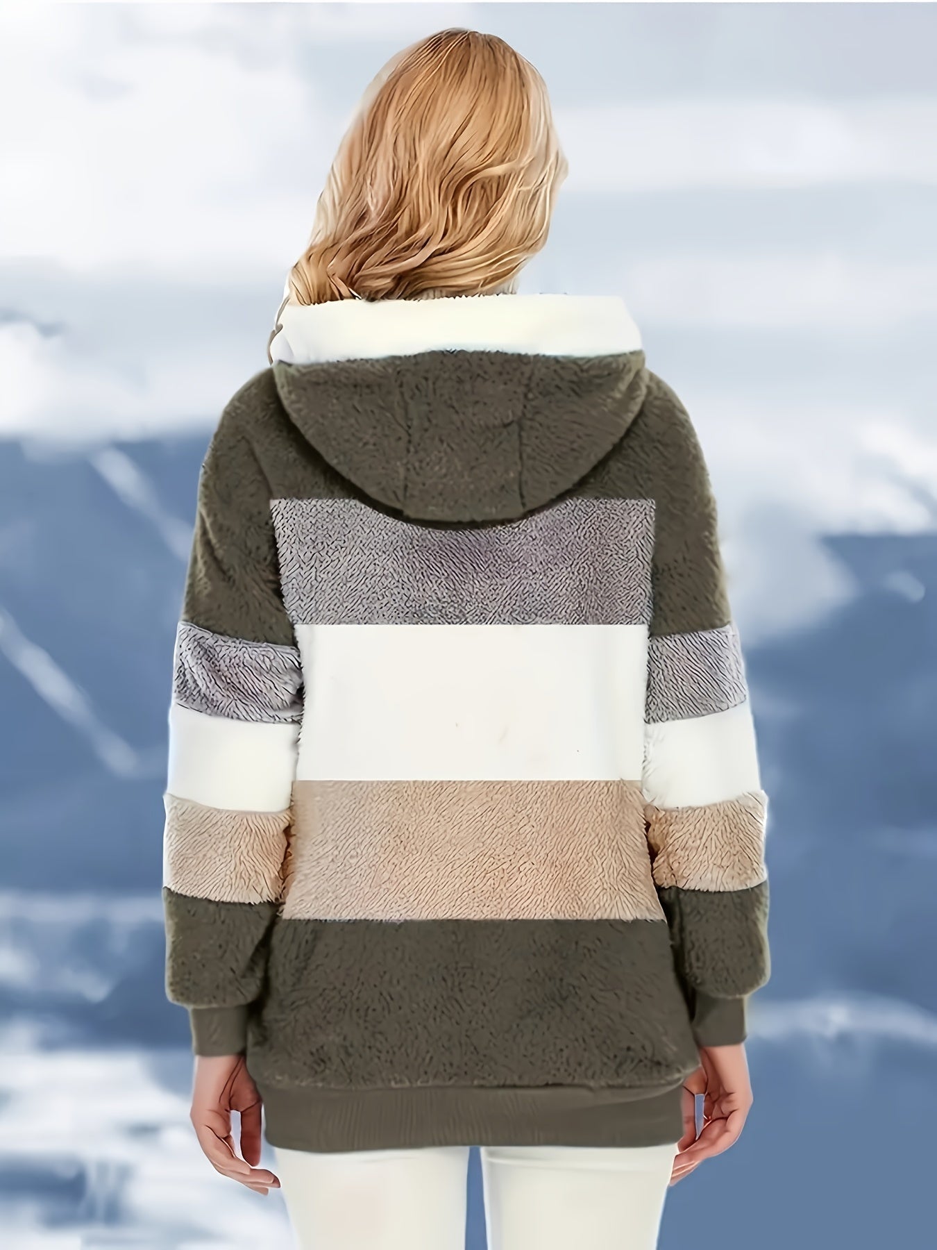Dam Lång Teddyjacka Färgblockad Teddyfleece med Huva och Fickor 4