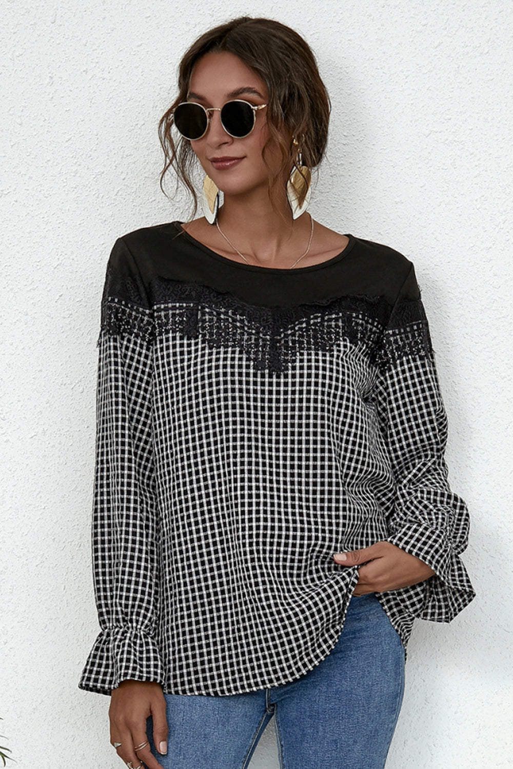 Dam Skjorta Långärmad Patchwork Polyester-5