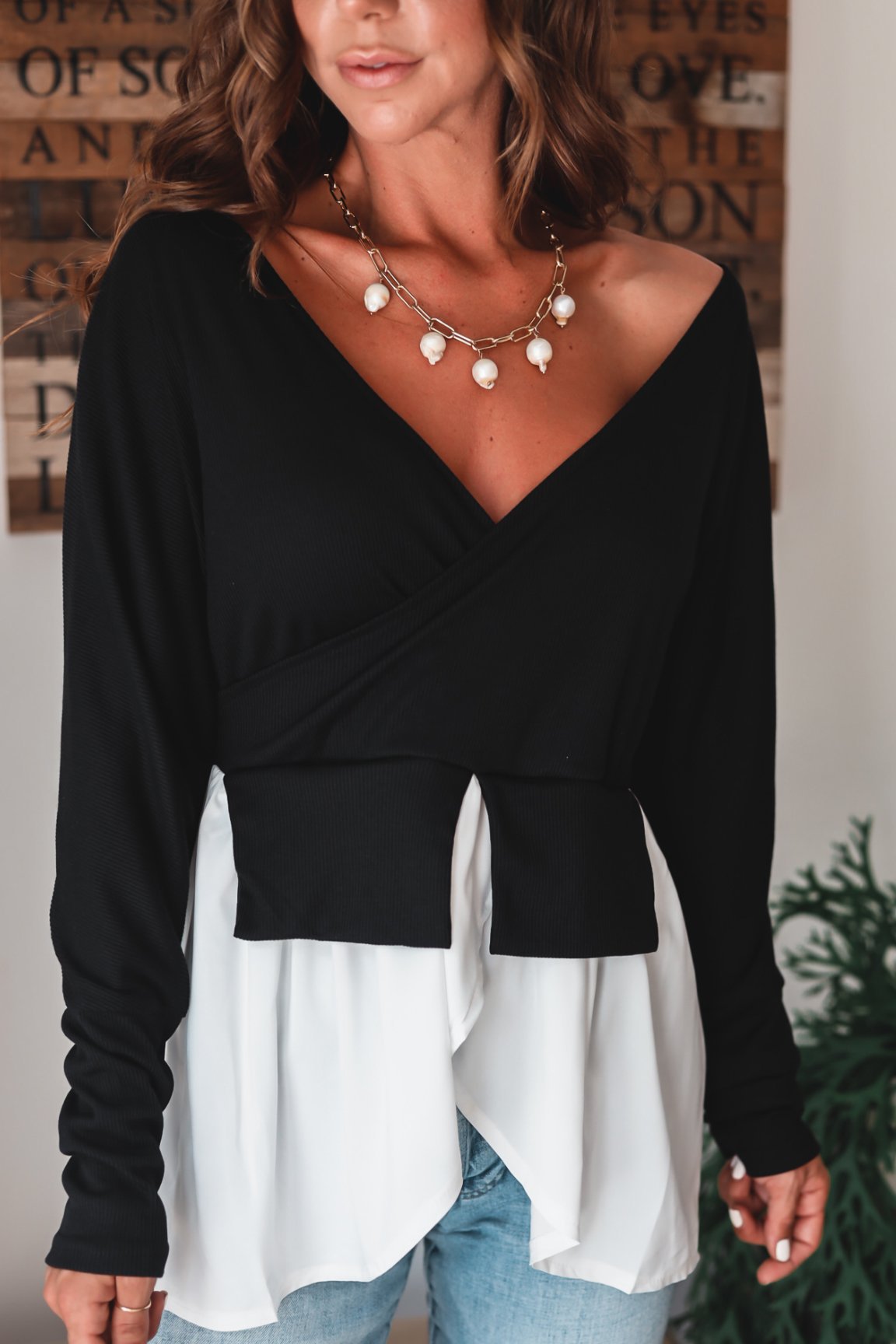 Asymmetrisk V-hals Topp för Dam i Polyester – Trendiga Festtoppar med Patchworkdesign, Långärmad 6