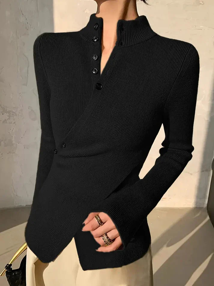 Stickad Dam Tröja Asymmetrisk med Knappdetaljer-2