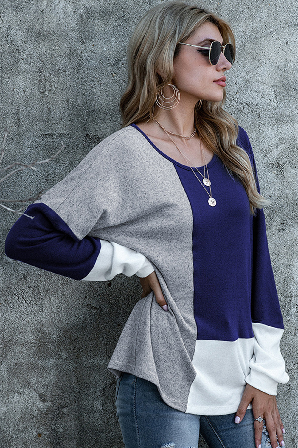 Dam Långärmad Topp Färgblock Polyester Rund Hals-6