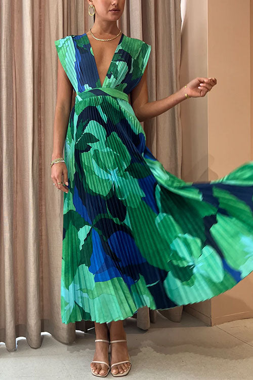 Damklänning Maxi V-ringning Veckad Design Bomull Polyester-5