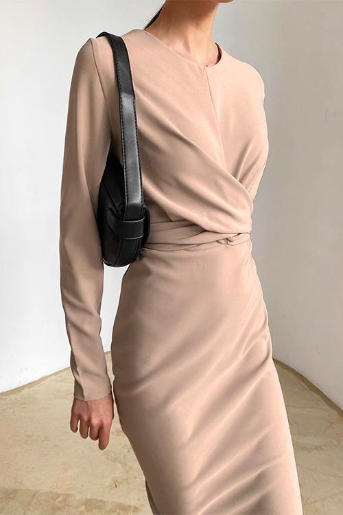 Damklänning Midi Rynkad Bakdesign Bomull Polyester-5