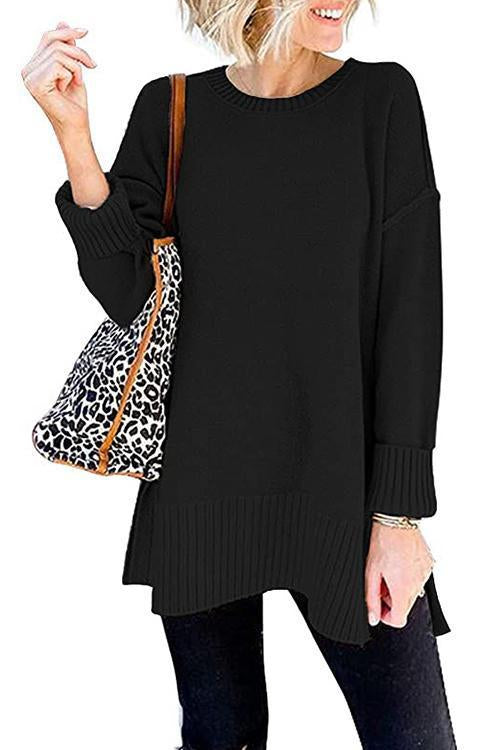 Stickad Dam Tröja med Långa Ärmar och Sidoflikar-2