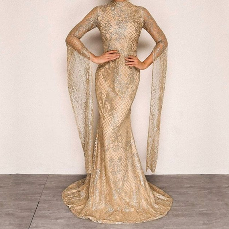 Kvinnors Lång Klänning med Ståkrage Polyester-4