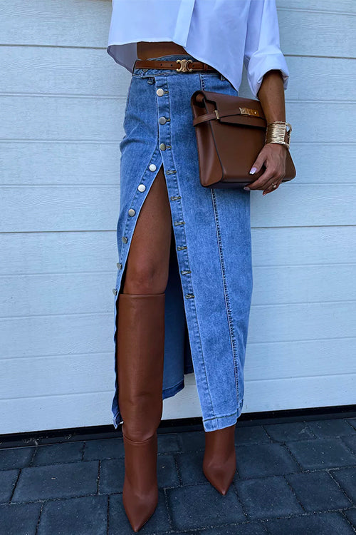 Dam Denimrock Hög Midja Slits Bomullsblandning-4