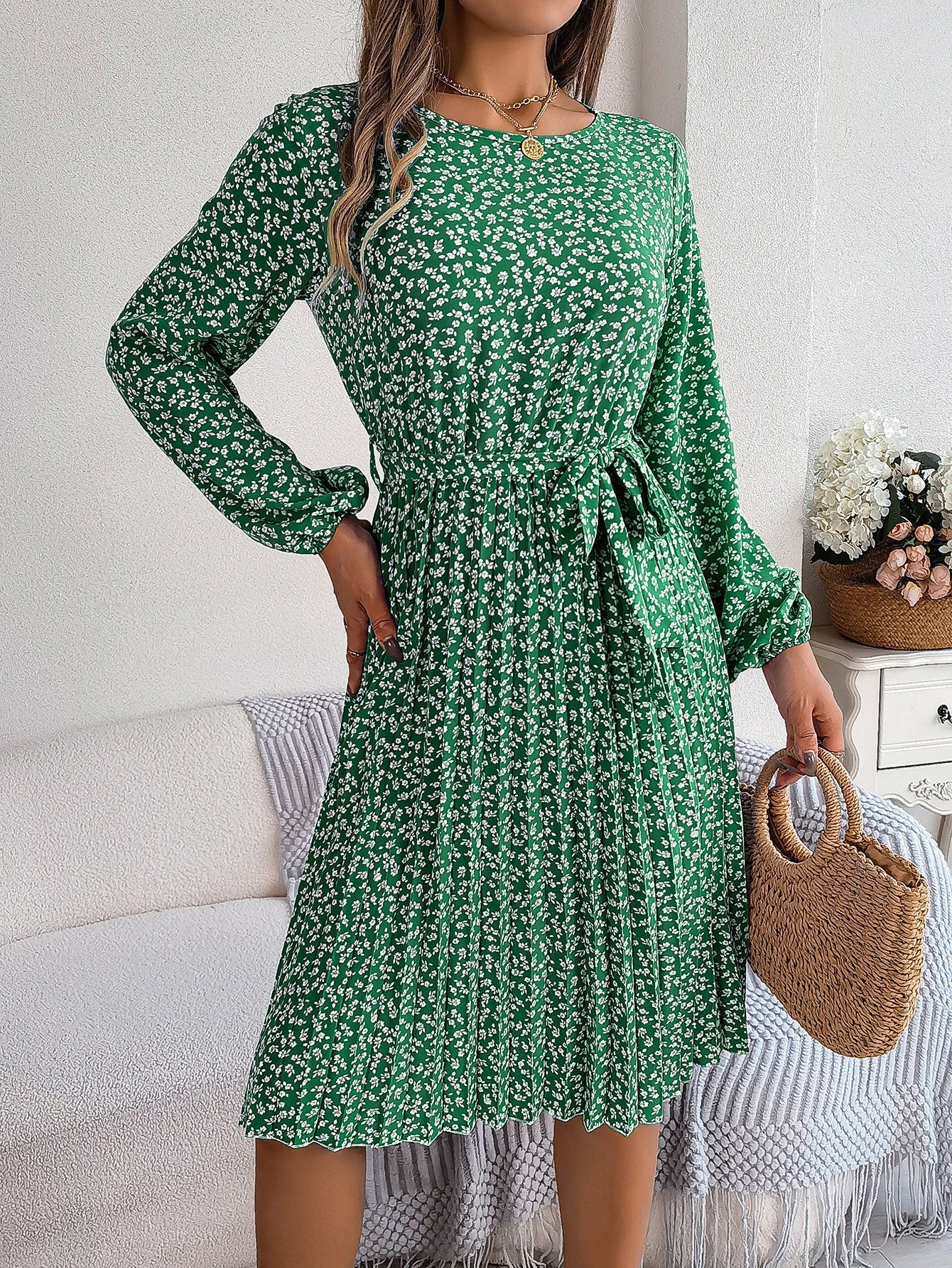 Rynkad Kjol för Kvinna med Blommigt Tryck – Hög Midja, 100% Polyester, Bekväm Passform, Perfekt för Vardag och Fest 7