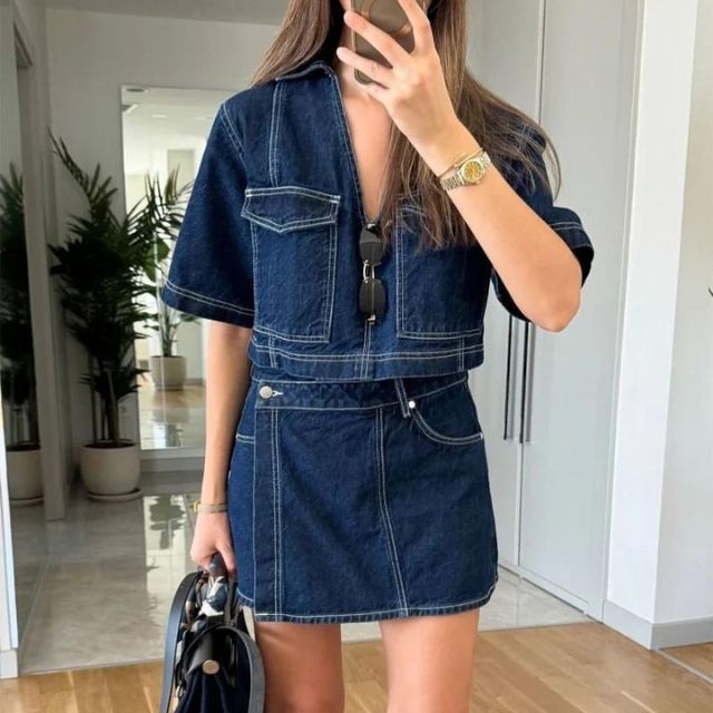 Dam Jeansjacka Klassisk Denim med Framfickor 100% Bomull 4