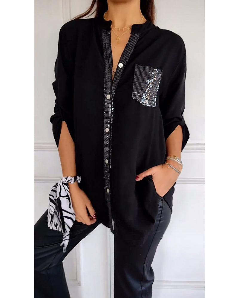 Vit Blus med V-Hals och Paljetter för Dam – Lång Loose Fit, Elegant och Bekväm, Perfekt för Vardag och Fest 2