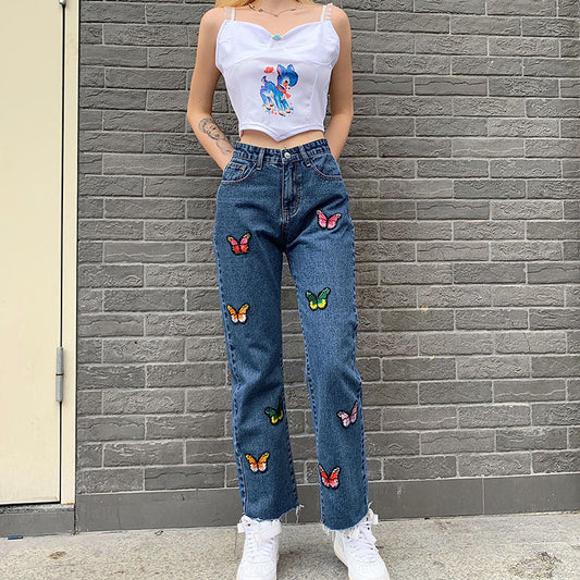 Snygga Byxor Dam Rakt Snitt Hög Midja Denim med Broderi-1