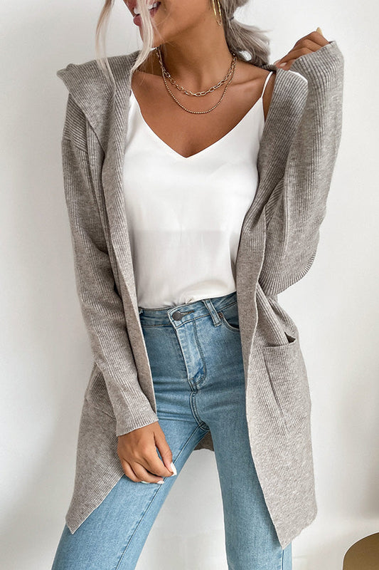 Dam Kofta med Huva Stickad Mjuk Höststil-1