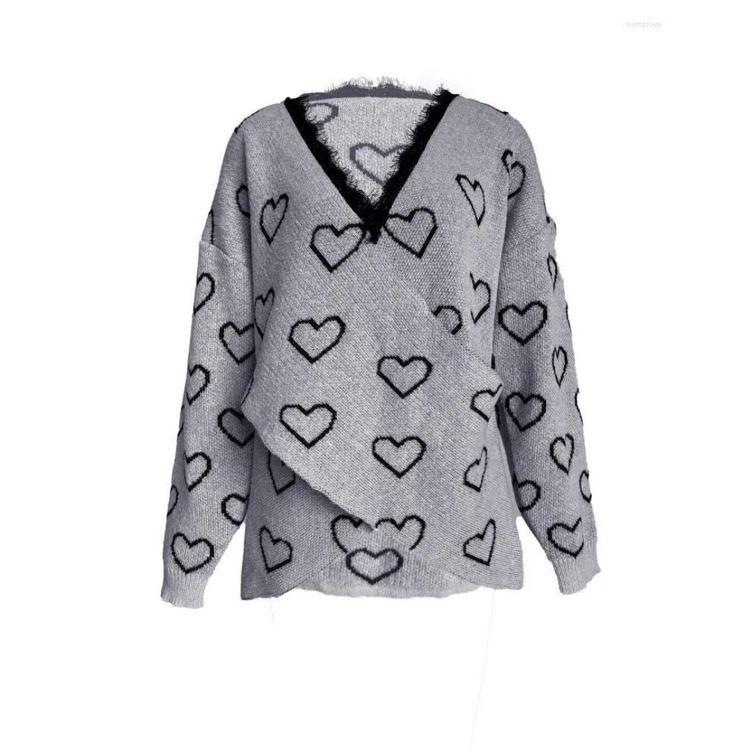 Stickad Dam Tröja med Hjärtmönster och Spetsdetaljer, Långärmad Akryl-4