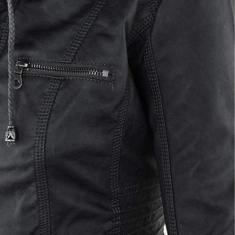 Dam Läderjacka Med Avtagbar Huva Konstläder-6