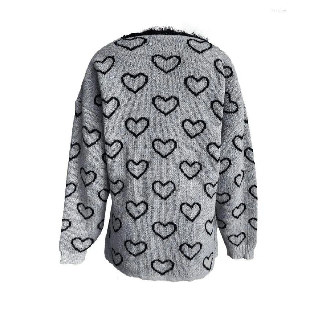 Stickad Dam Tröja med Hjärtmönster och Spetsdetaljer, Långärmad Akryl-6
