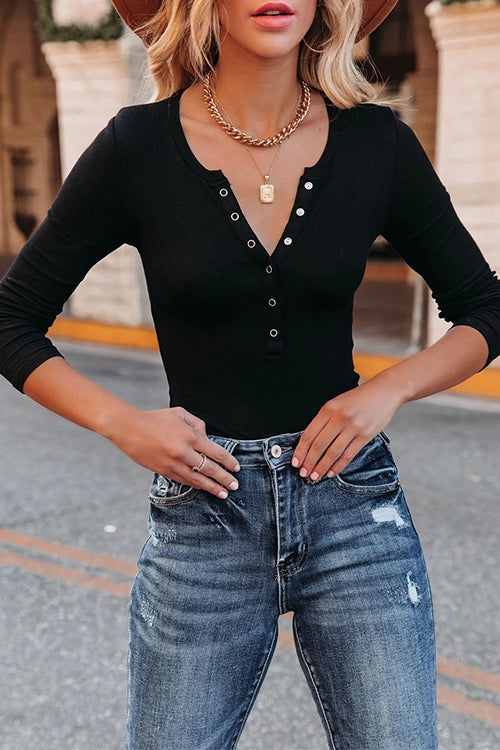 Dam Långärmad Henley Skjorta Knappstängning Bomull Polyester-2