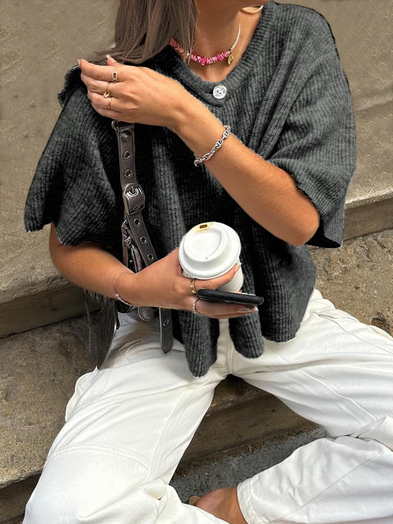 Kortärmad Stickad Tröja Dam Flerfärgad Akryl Nylon Polyester 15