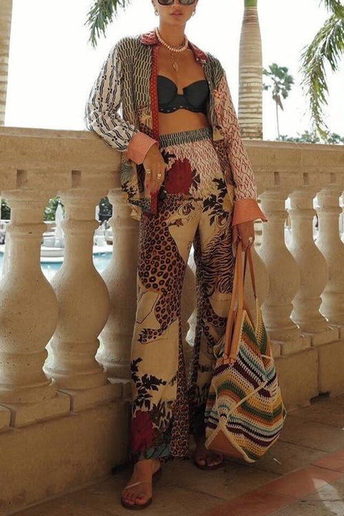 Dam Långärmad Skjorta och Bredbyxor i Leopardmönster, Sommarkläder, Bomull och Polyester-2