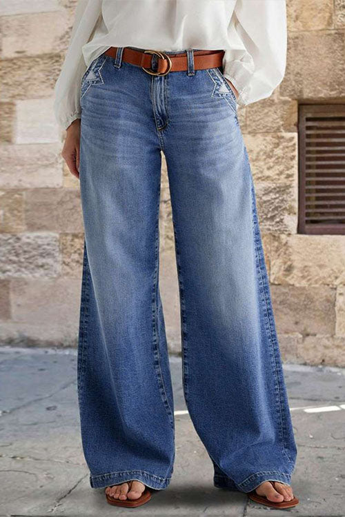 Dam Jeans Avslappnade Bred Ben Förstörda Detaljer Bomullsblandning-1