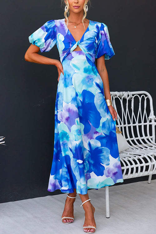 Kvinna Midi Klänning V-ringning Twist Front Blommönster Bomull Polyester-2