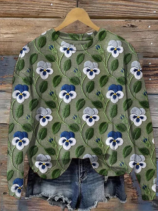 Dam Hoodie Grafiska Blommor Broderi Mjuk Tygblandning-1