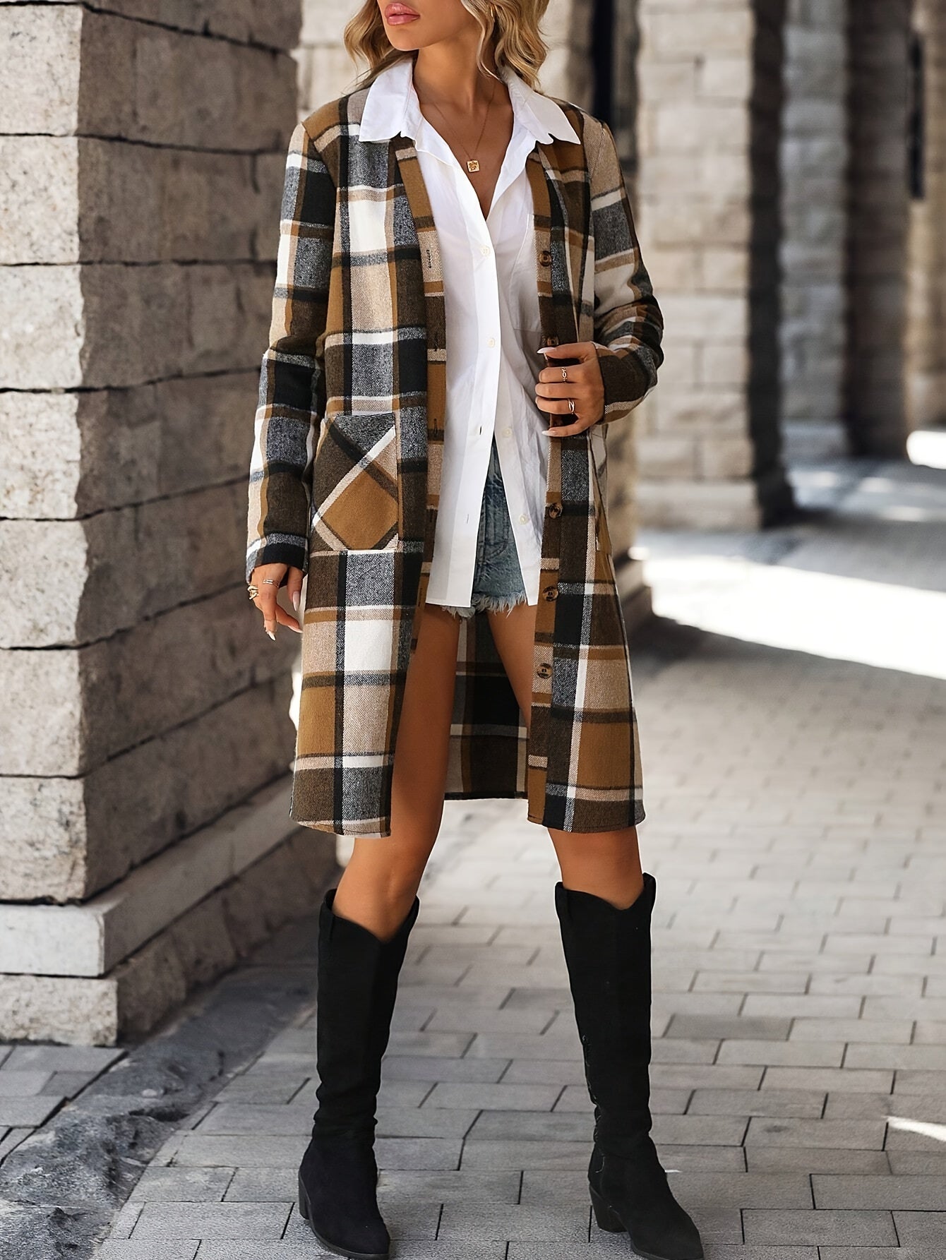 Dam Trenchrock Rutig Polyester Öppen Front-3