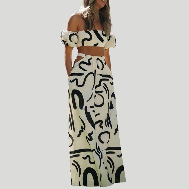 Dam Tvådelad Set Axelfri Puffärmar Polyester med Utskuren Detalj-3