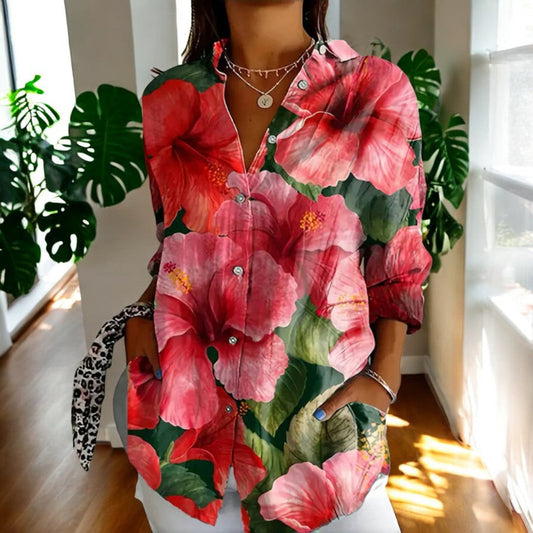 Kvinnors Blommig Skjorta Av Andningsbart Tyg Casual Fit-1