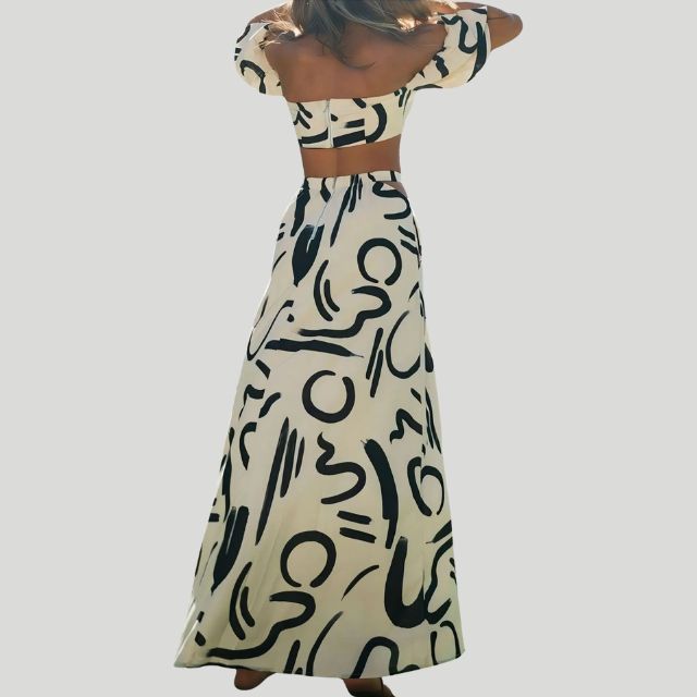 Dam Tvådelad Set Axelfri Puffärmar Polyester med Utskuren Detalj-5