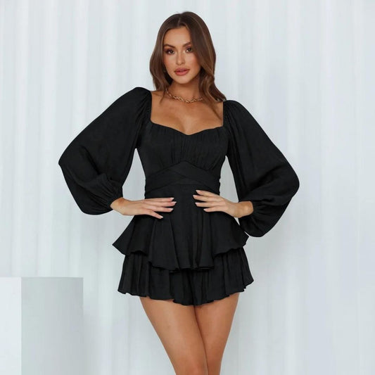 Kvinna Miniklänning Långa Ärmar Skiktkjol Högkvalitativt Tyg-1