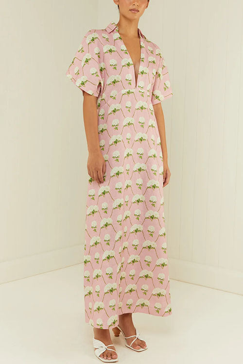 Maxiklänning Dam Blommig V-ringning Kortärmad Sommar Bomull Polyester-5