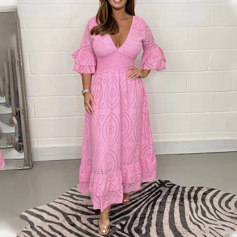 Dam Midi Klänning Broderade Anglaise Ruffles Högkvalitativt Tyg 6