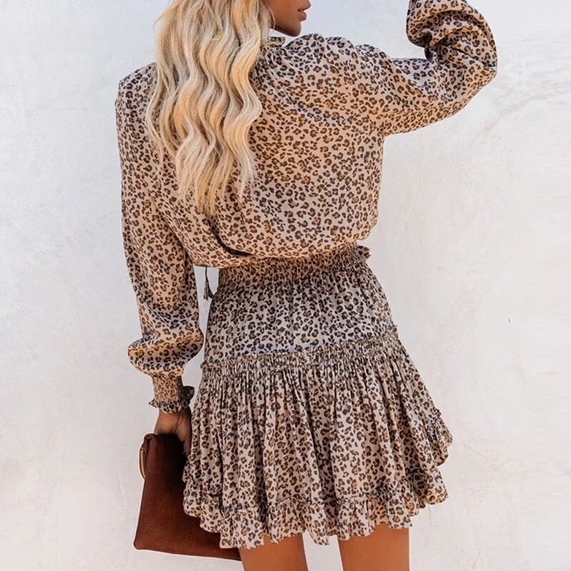 Kvinnors Klänning Ruffled Leopardmönstrad Polyester och Silke-4