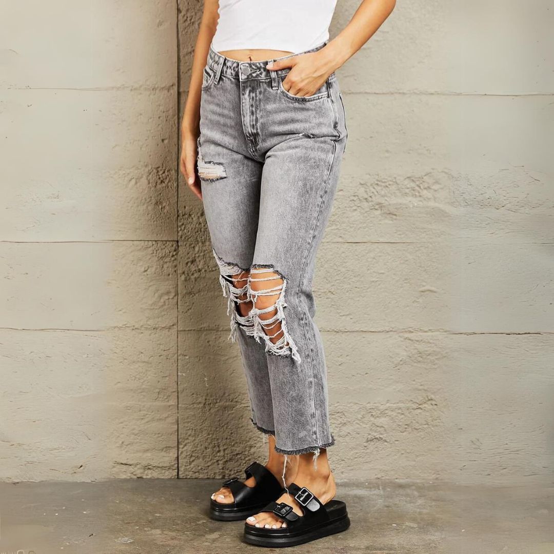 Dam Jeans med Hög Midja, Raka Ben och Trendy Acidtvätt – 98% Bomull 2