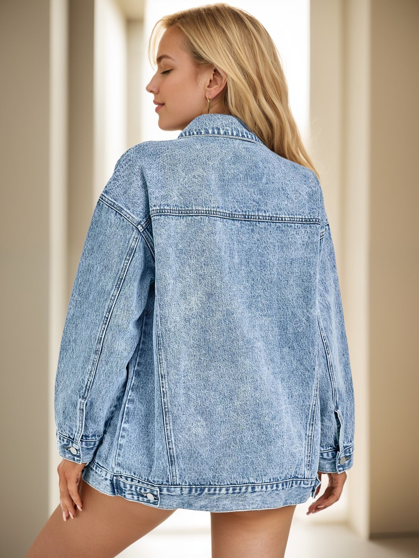 Dam Mid-Längd Denimjacka Avslappnad Passform 70% Bomull-3