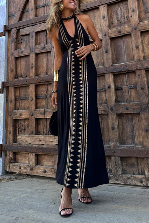 Lång Klänning Dam Maxi Klänning Öppen Rygg Halter Design Bomull Polyester-2