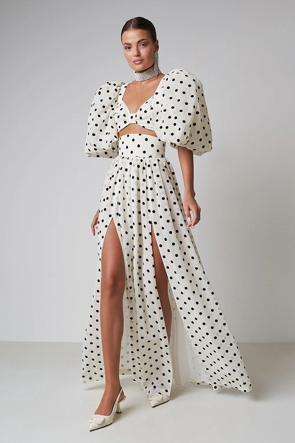 Högmidjad Polka Dot Kjol och Top Set för Dam - Stretchig Polyester, Perfekt för Sommarkläder 1