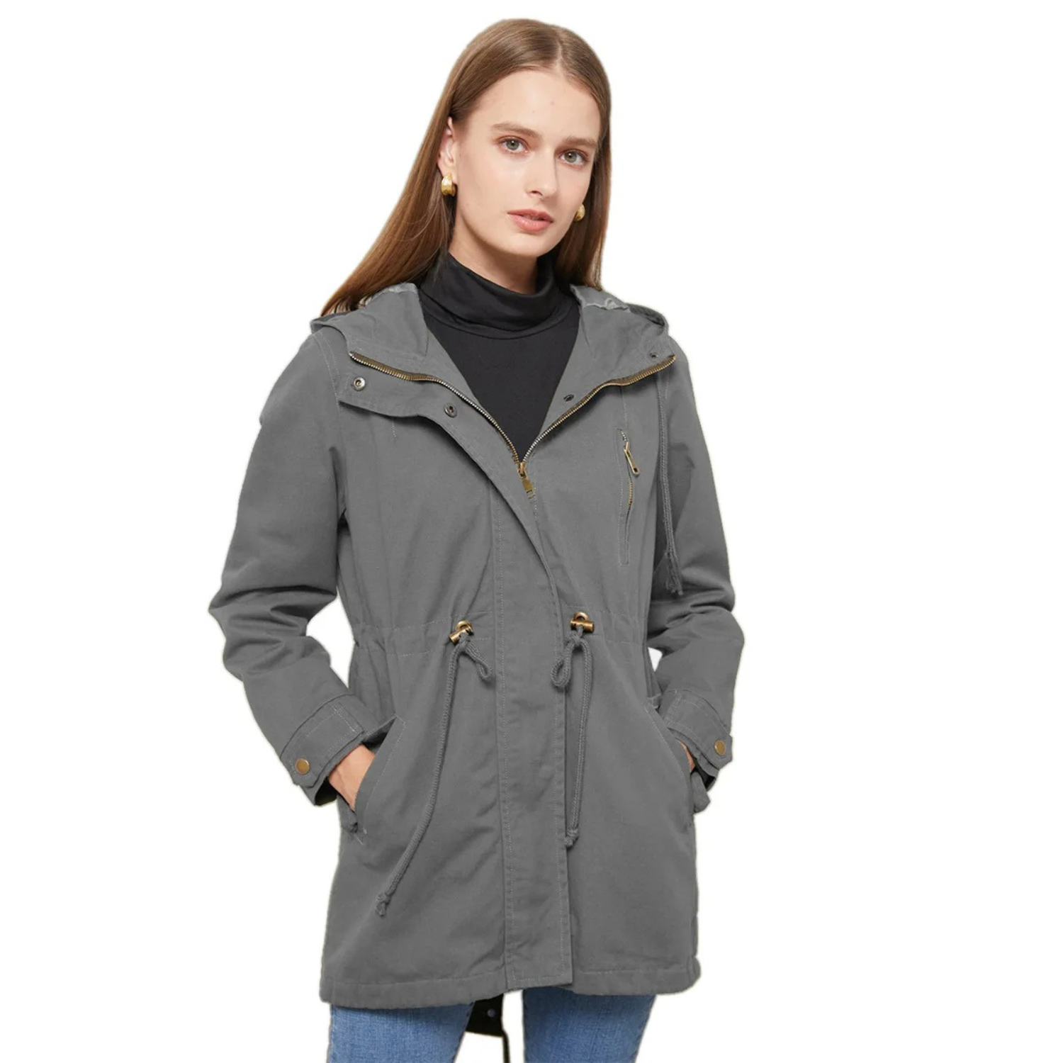 Dam Vinterjacka Lång Trendig Polyester med Justerbar Midja 11