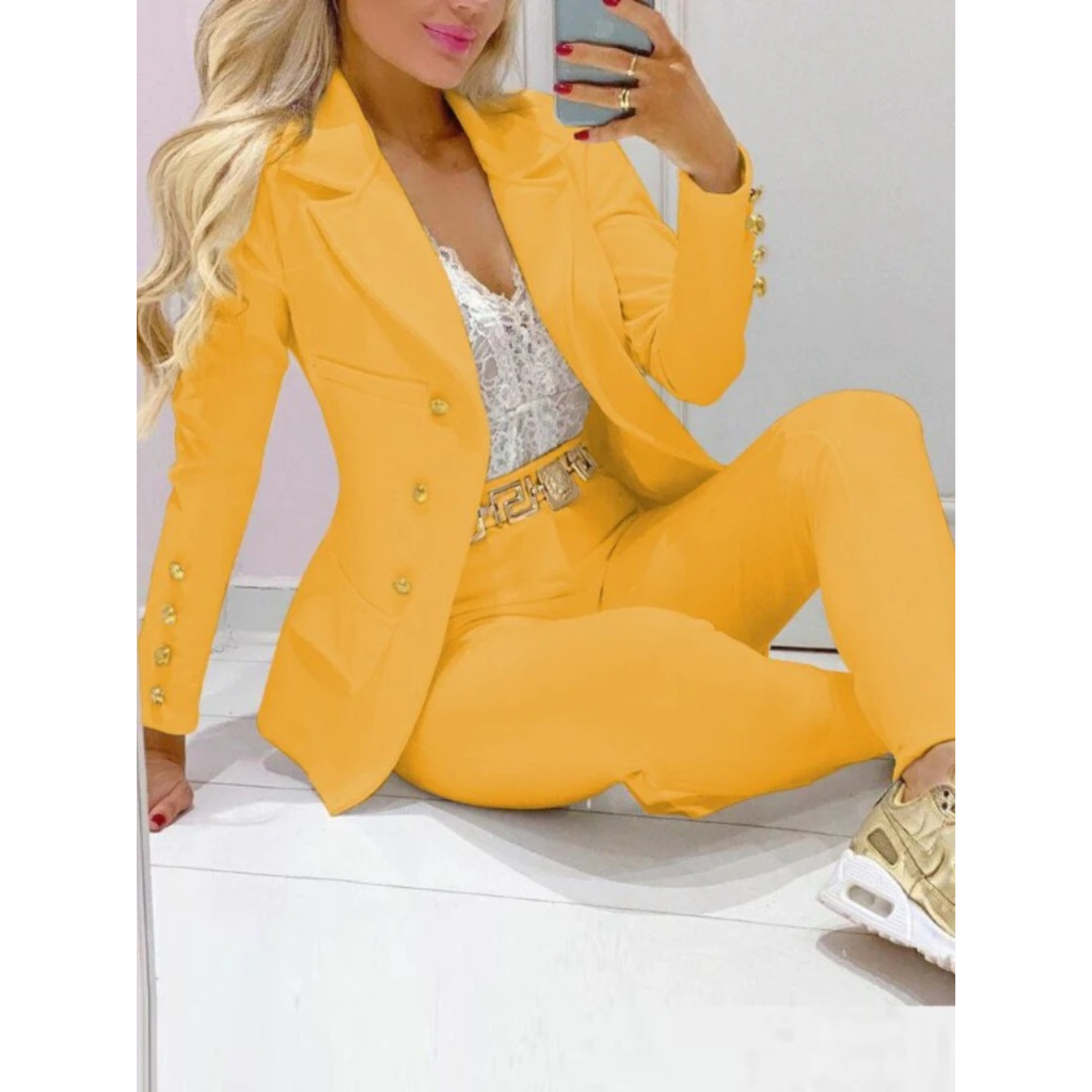 Dam Blazer med Stor Krage och Byxor i Polyester-2