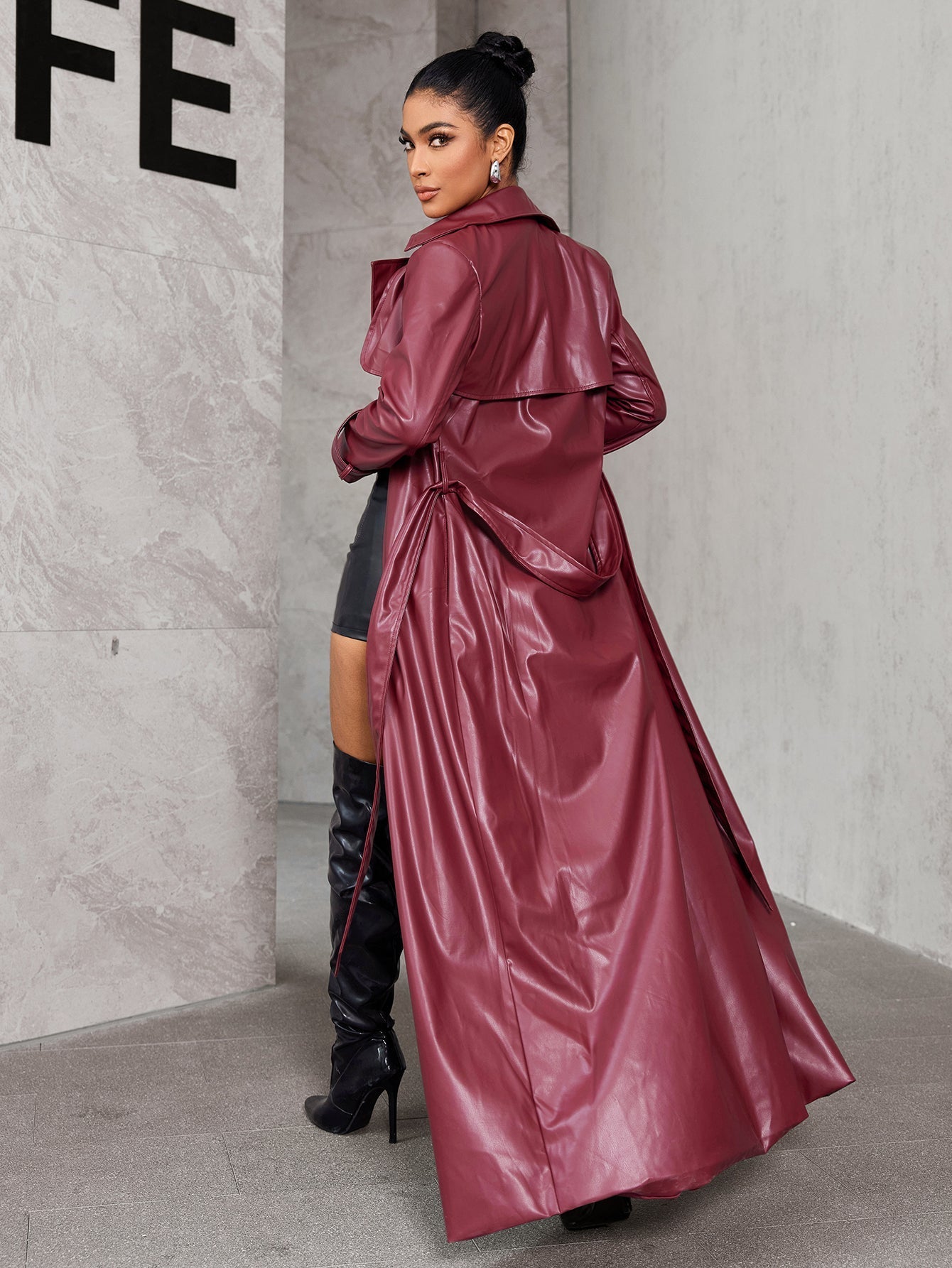 Dam Trenchcoat Lång Öppen Front PU Läder-6