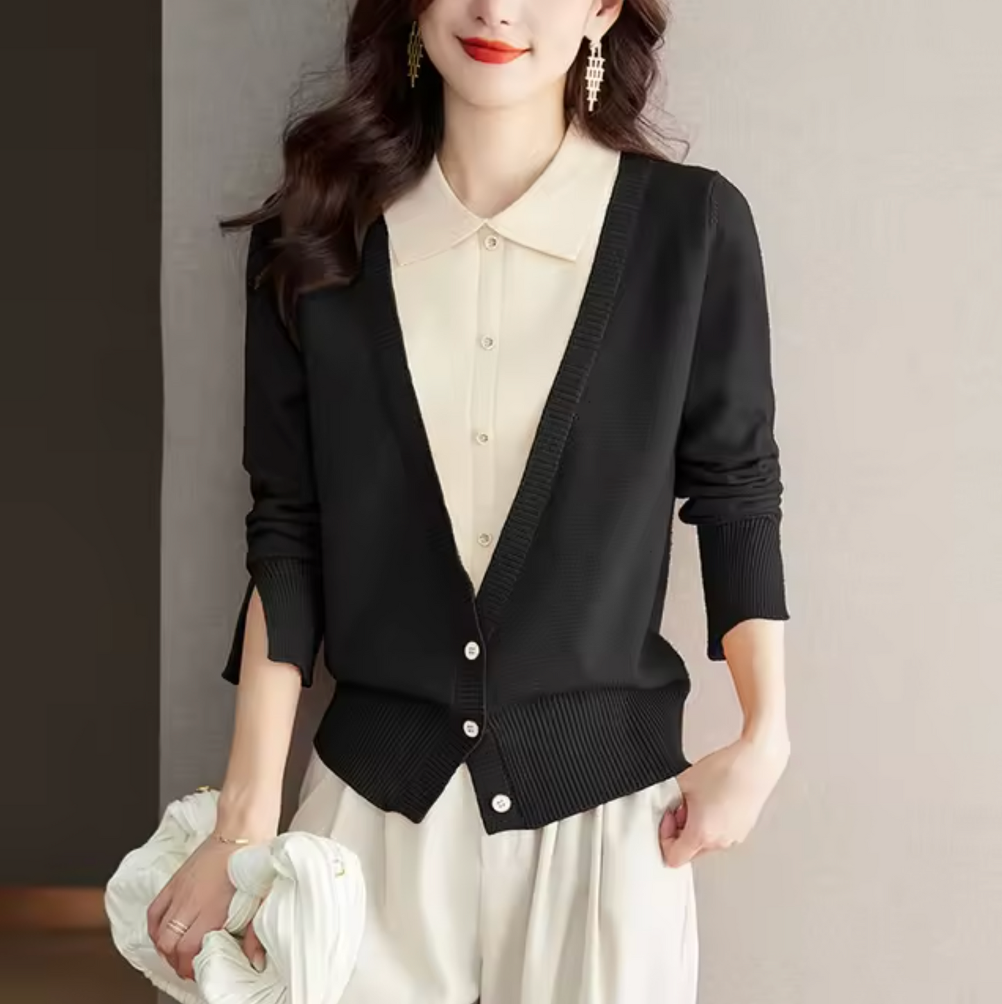 Dam Topp med Krage Mjuk Stickad Fiber Lång Ärme-2