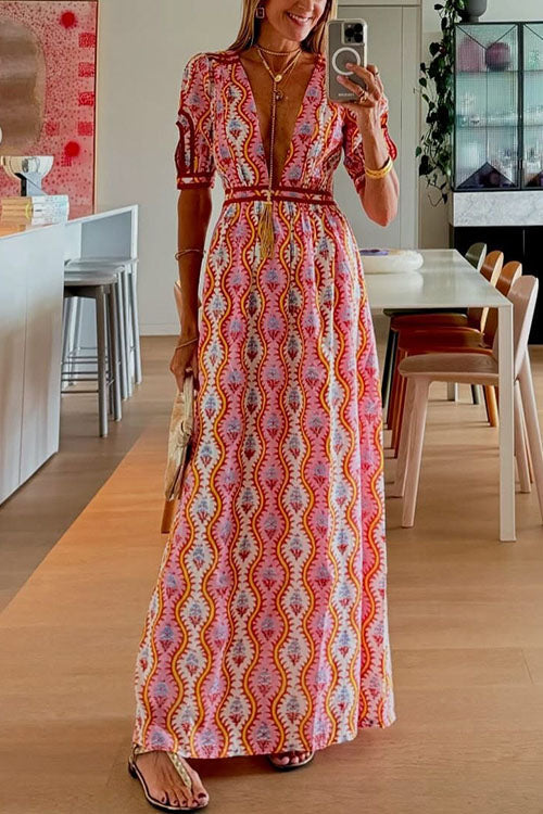 Dam Maxiklänning V-ringning Korta Ärmar Ryggfri Bomull Polyester-2