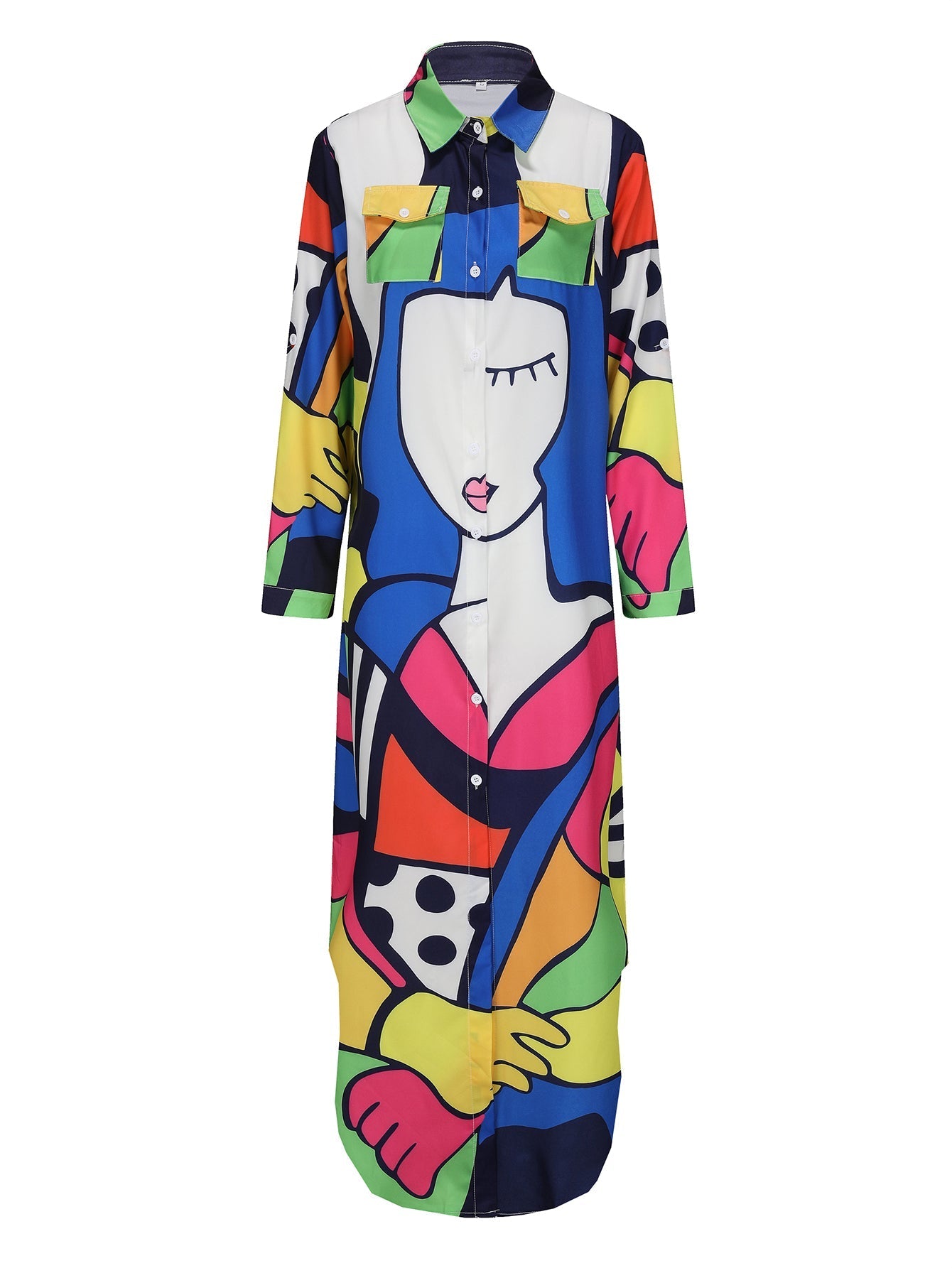Damklänning Lång Ärmskjorta Polyester med Ansiktsmönster-3